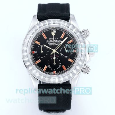 AAA Replica Rolex Daytona Black Dial Diamond Bezel Quartz Chronograph Watch 